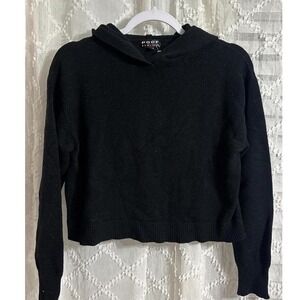 Poof New York Black Cropped Knit Hoodie Sweater Womens Size Large L Pullover